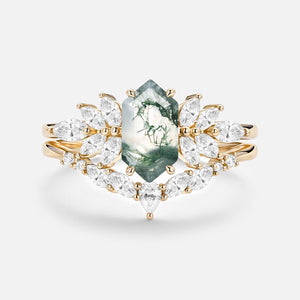 Hexagon Cut Moss Agate Vintage Ring Set 2pcs - Meadow