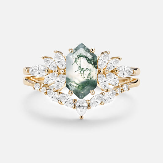 Hexagon Cut Moss Agate Vintage Ring Set 2pcs - Meadow