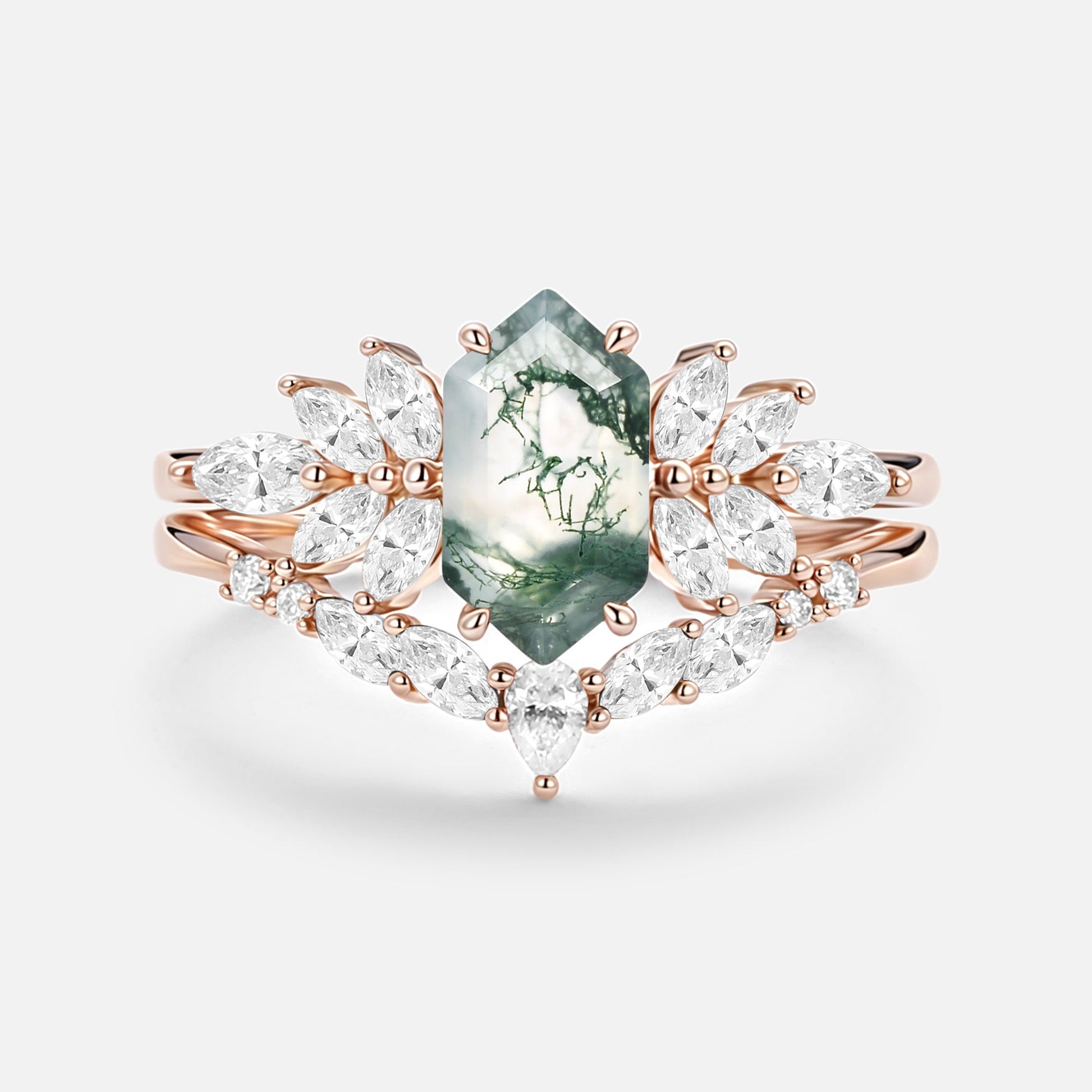 Hexagon Cut Moss Agate Vintage Ring Set 2pcs - Meadow