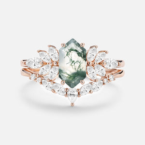Hexagon Cut Moss Agate Vintage Ring Set 2pcs - Meadow