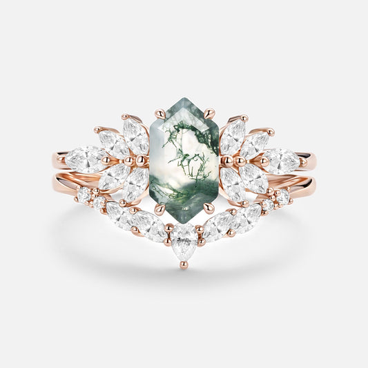 Hexagon Cut Moss Agate Vintage Ring Set 2pcs - Meadow