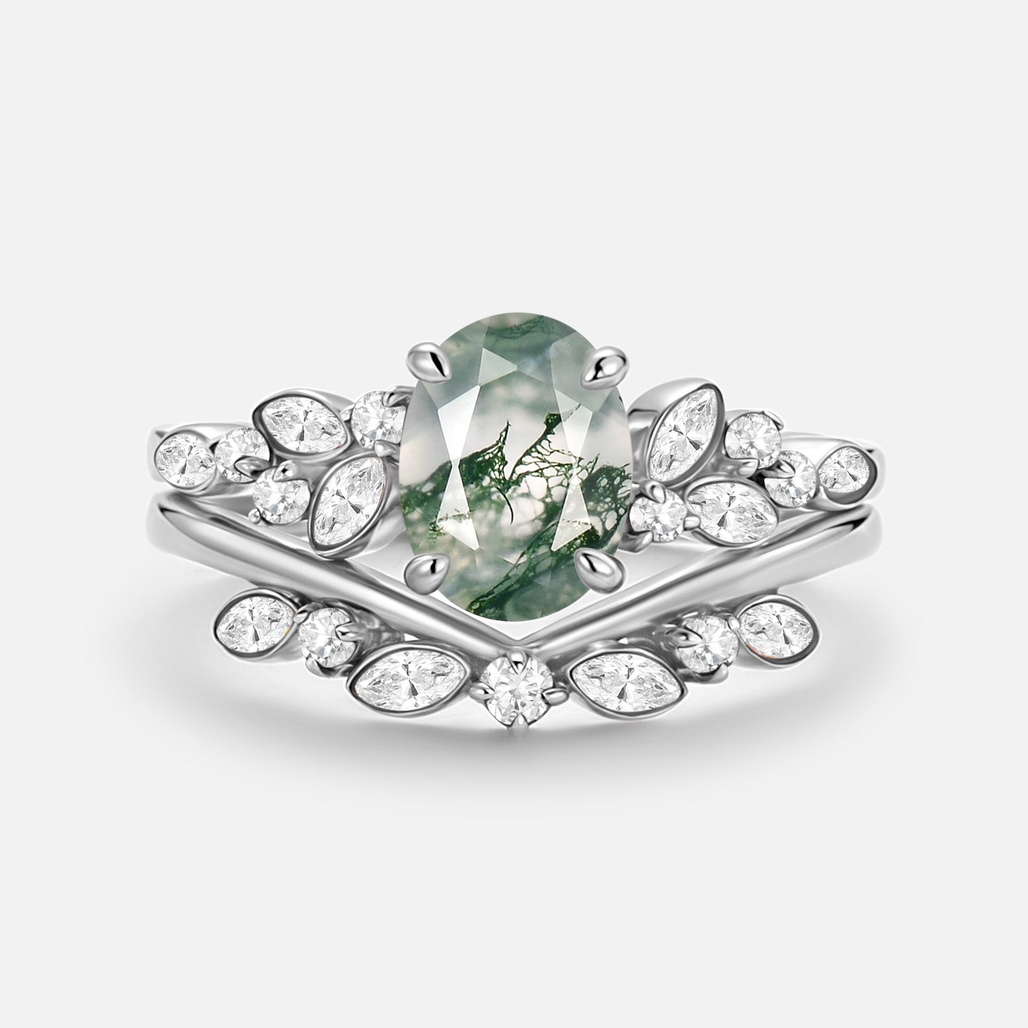 Oval Cut Moss Agate & Moissanite Engagement Ring Set 2pcs - Ember