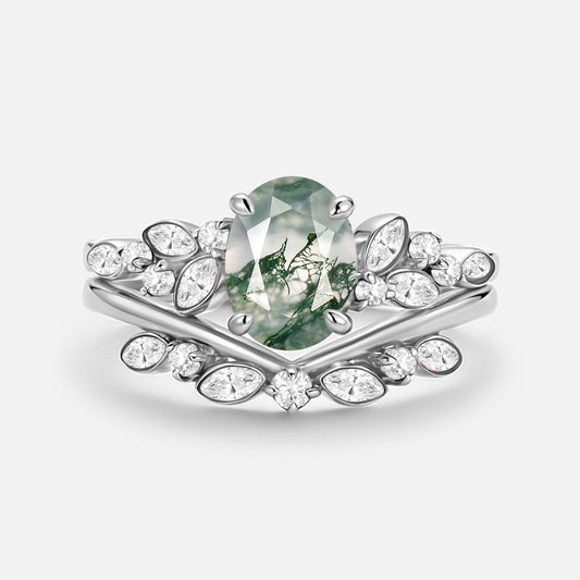 Oval Cut Moss Agate & Moissanite Engagement Ring Set 2pcs - Ember