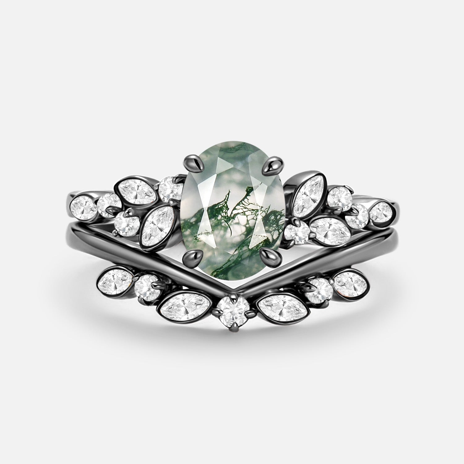 Oval Cut Moss Agate & Moissanite Engagement Ring Set 2pcs - Ember