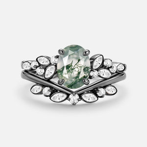 Oval Cut Moss Agate & Moissanite Engagement Ring Set 2pcs - Ember