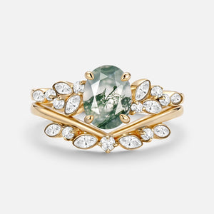 Oval Cut Moss Agate & Moissanite Engagement Ring Set 2pcs - Ember