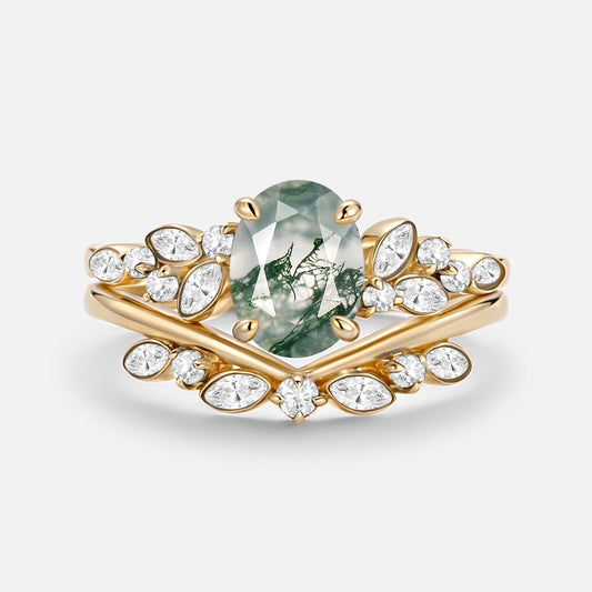 Oval Cut Moss Agate & Moissanite Engagement Ring Set 2pcs - Ember