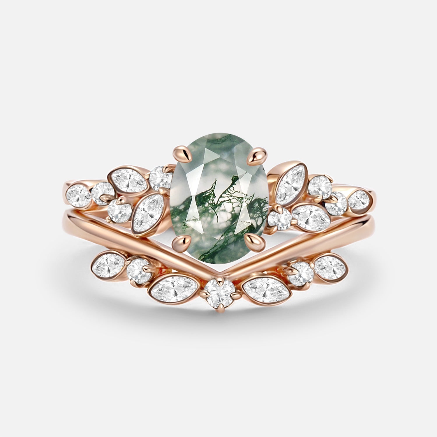 Oval Cut Moss Agate & Moissanite Engagement Ring Set 2pcs - Ember
