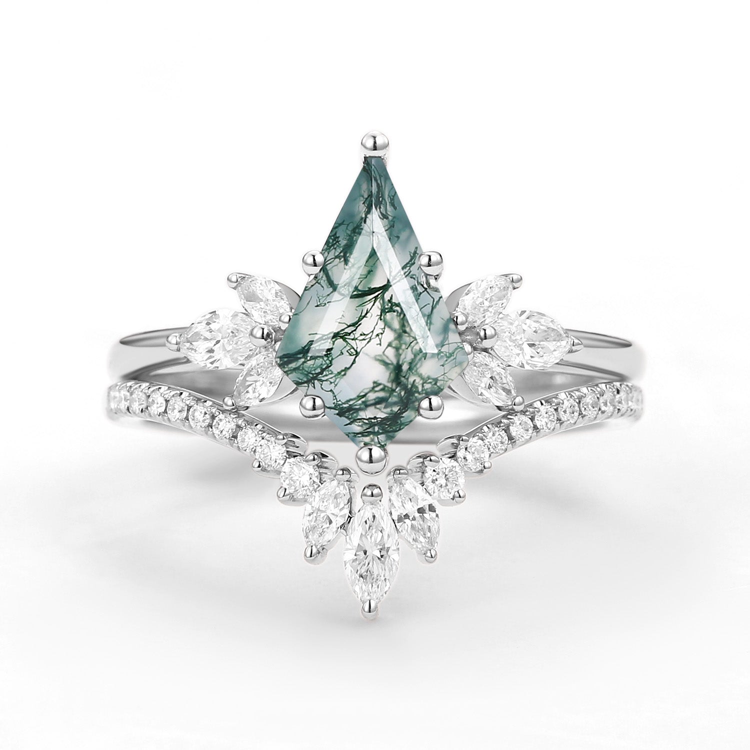 Fairy Ring - Kite Cut Moss Agate Butterfly Engagement Ring Set 2pcs