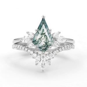 Fairy Ring - Kite Cut Moss Agate Butterfly Engagement Ring Set 2pcs