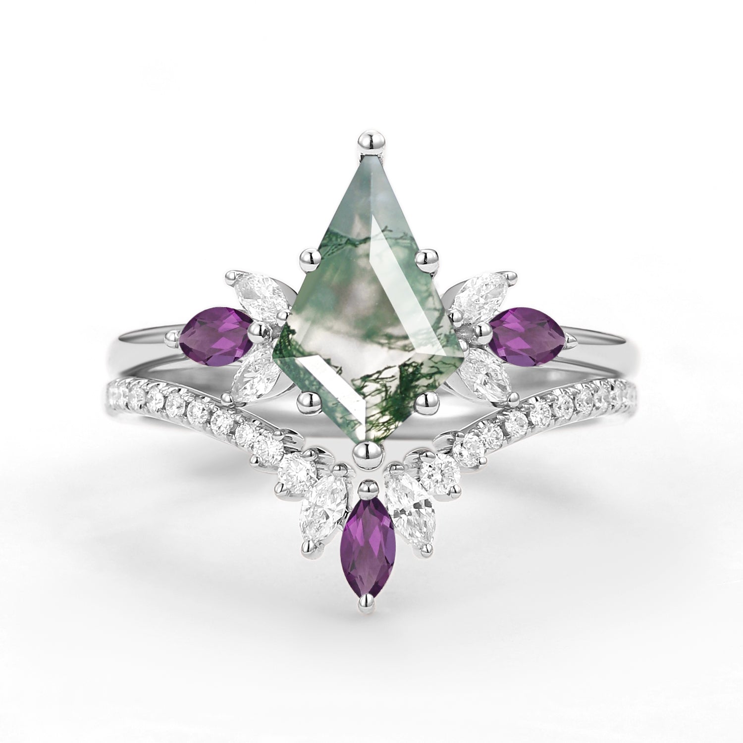 Butterfly Fairy - Unique Kite Cut Moss Agate & Amethyst Engagement Ring Set 2pcs