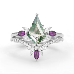 Butterfly Fairy - Unique Kite Cut Moss Agate & Amethyst Engagement Ring Set 2pcs