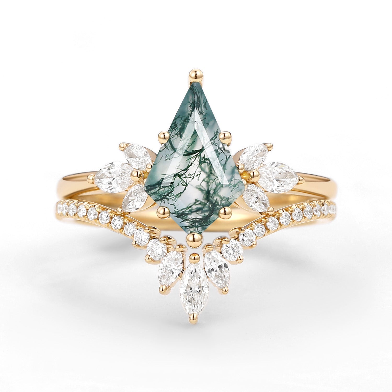 Fairy Ring - Kite Cut Moss Agate Butterfly Engagement Ring Set 2pcs