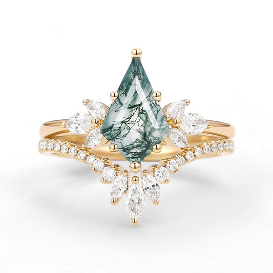 Fairy Ring - Kite Cut Moss Agate Butterfly Engagement Ring Set 2pcs