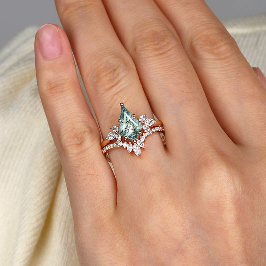 Fairy Ring - Kite Cut Moss Agate Butterfly Engagement Ring Set 2pcs