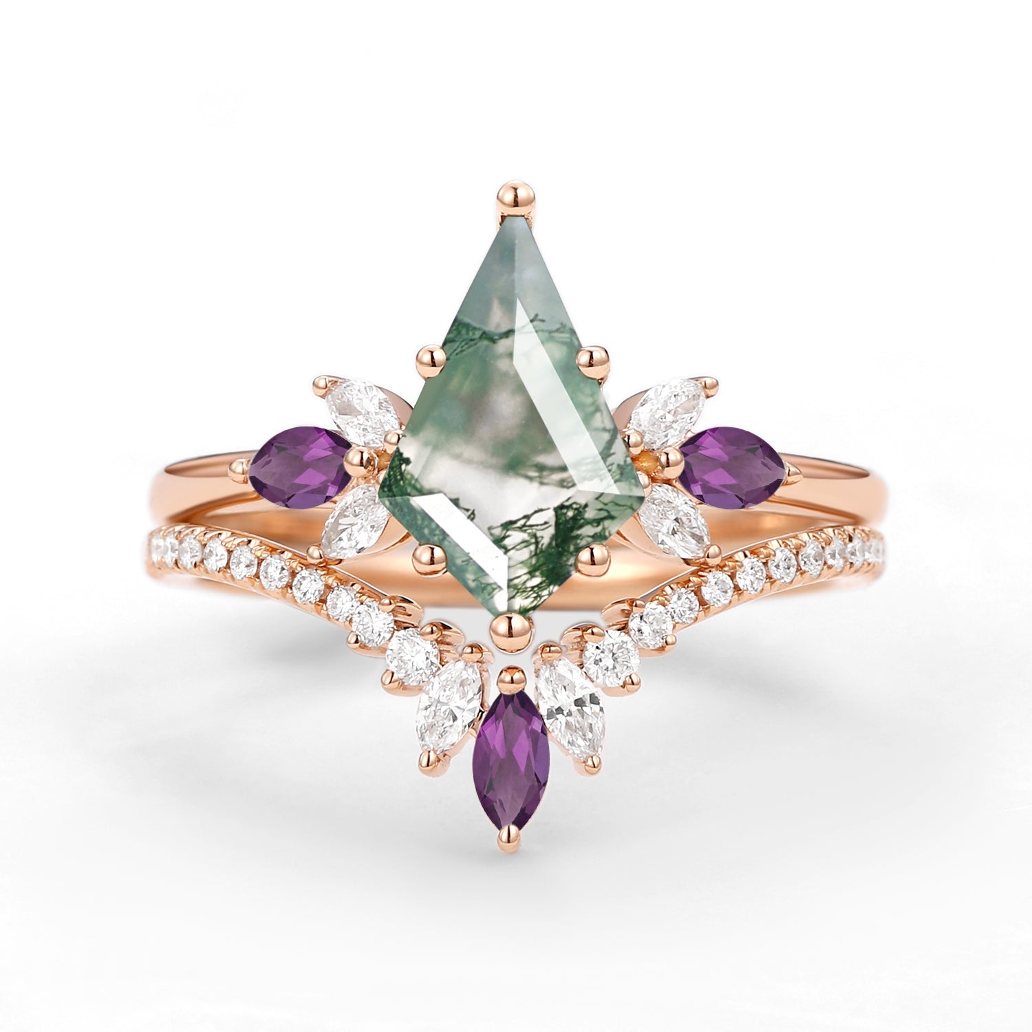 Butterfly Fairy - Unique Kite Cut Moss Agate & Amethyst Engagement Ring Set 2pcs