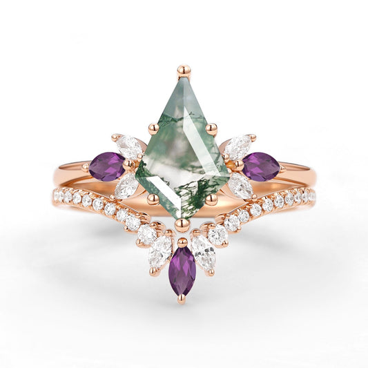 Butterfly Fairy - Unique Kite Cut Moss Agate & Amethyst Engagement Ring Set 2pcs