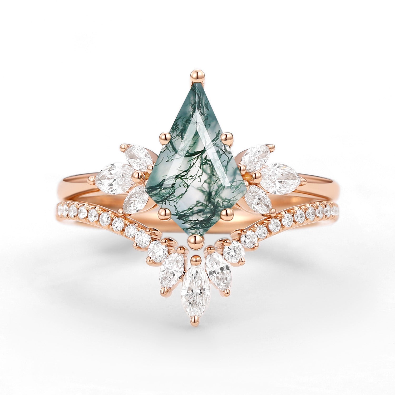 Fairy Ring - Kite Cut Moss Agate Butterfly Engagement Ring Set 2pcs