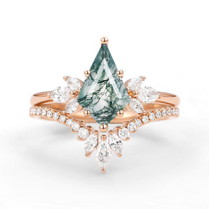 Fairy Ring - Kite Cut Moss Agate Butterfly Engagement Ring Set 2pcs