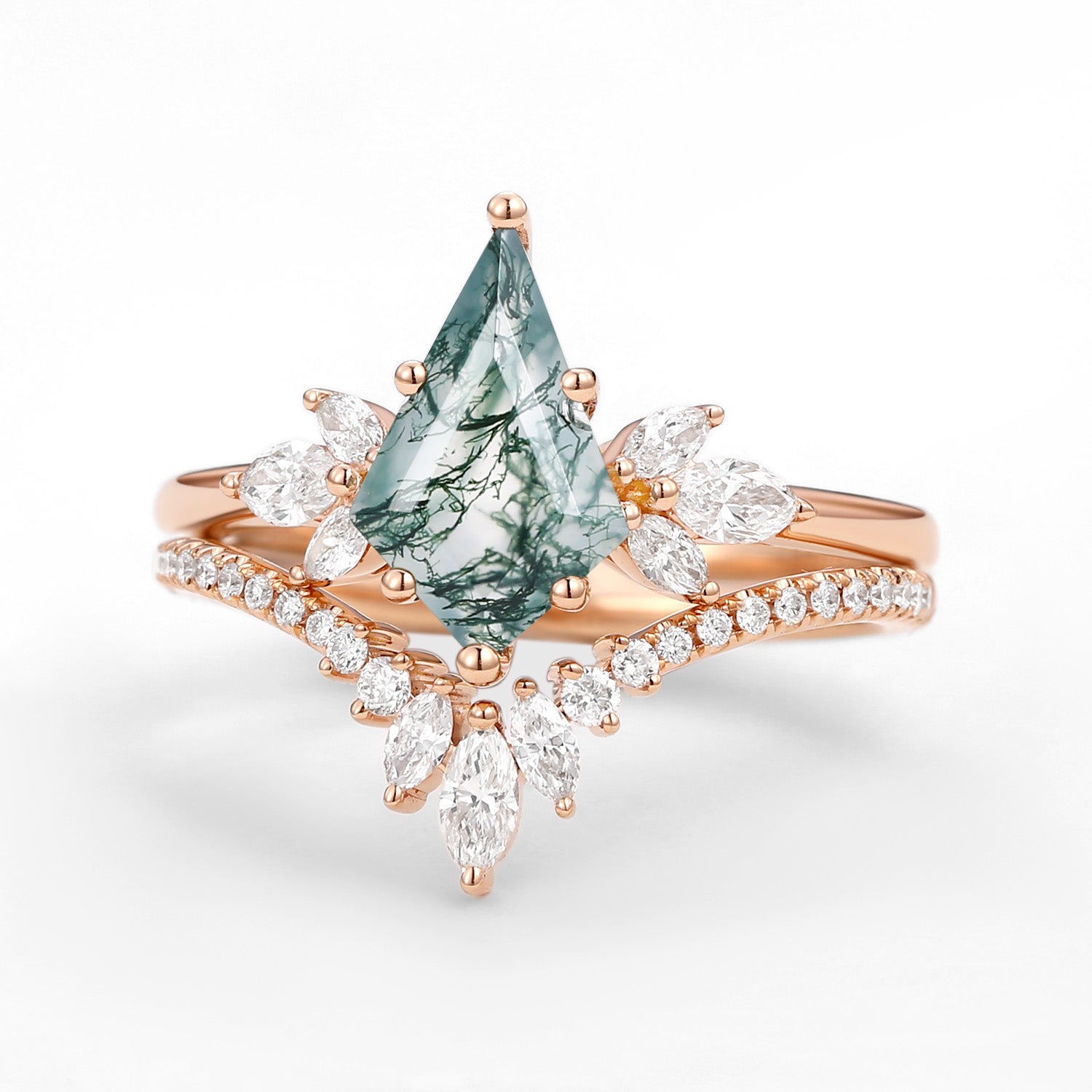 Fairy Ring - Kite Cut Moss Agate Butterfly Engagement Ring Set 2pcs
