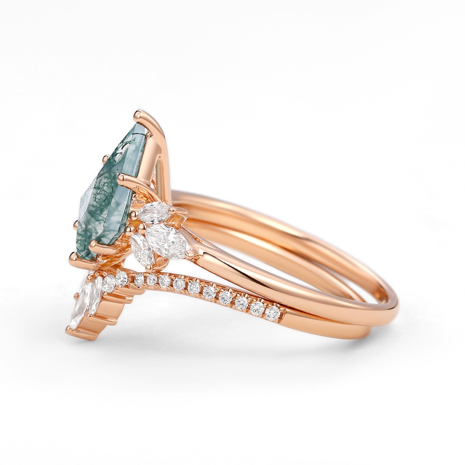 Fairy Ring - Kite Cut Moss Agate Butterfly Engagement Ring Set 2pcs
