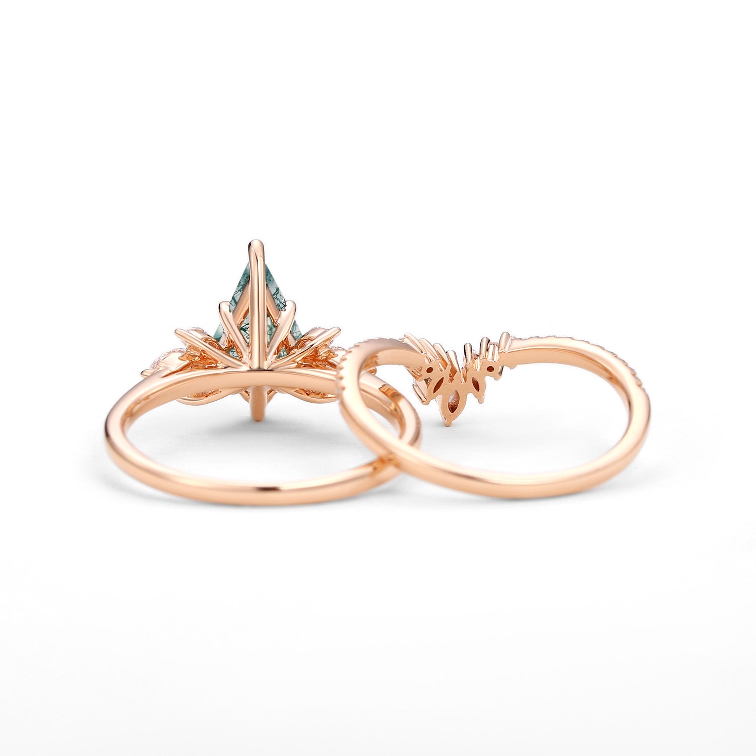 Fairy Ring - Kite Cut Moss Agate Butterfly Engagement Ring Set 2pcs