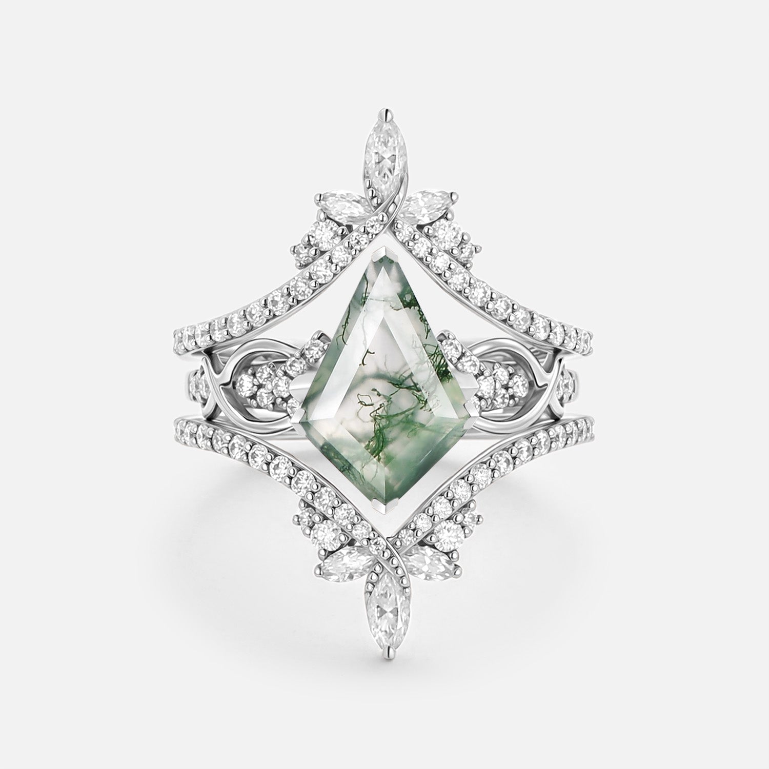 Infinity Kite Cut Moss Agate Cluster Cage Ring Set - Kest