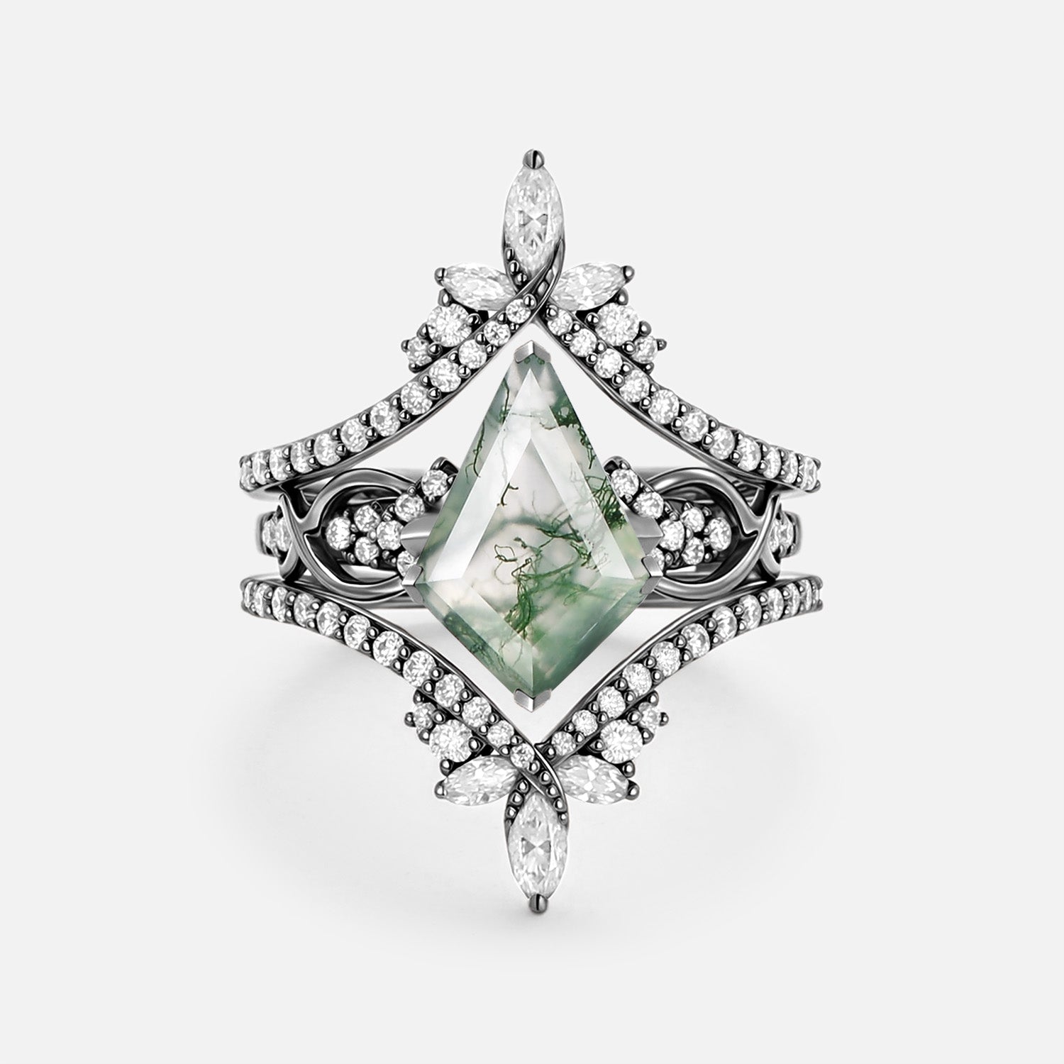 Infinity Kite Cut Moss Agate Cluster Cage Ring Set - Kest