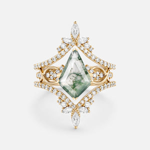 Infinity Kite Cut Moss Agate Cluster Cage Ring Set - Kest