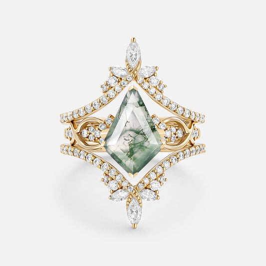 Infinity Kite Cut Moss Agate Cluster Cage Ring Set - Kest