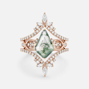 Infinity Kite Cut Moss Agate Cluster Cage Ring Set - Kest