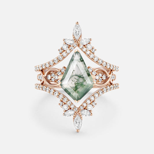 Infinity Kite Cut Moss Agate Cluster Cage Ring Set - Kest