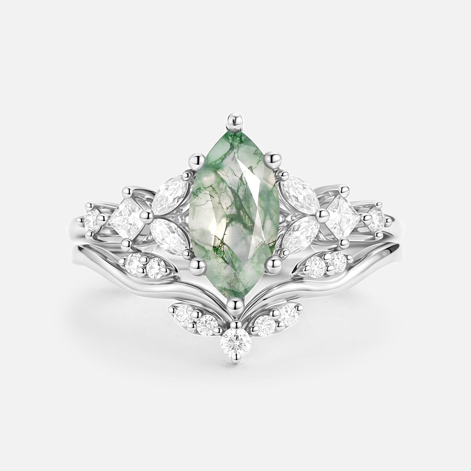 Nature Inspired Marquise Cut Moss Agate Leafy Engagement Ring Sets 2pcs