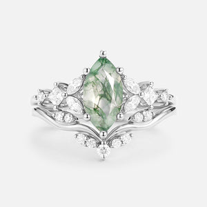 Nature Inspired Marquise Cut Moss Agate Leafy Engagement Ring Sets 2pcs