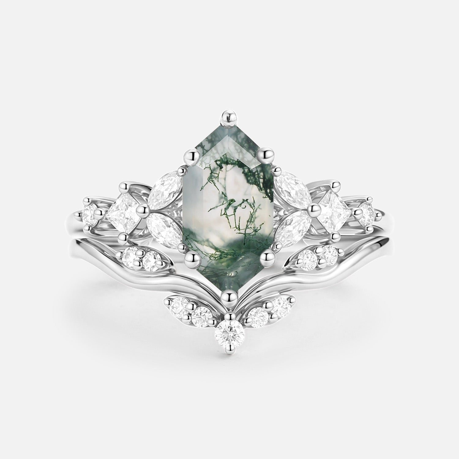 Long Hexagon Moss Agate Engagement Ring Set 2pcs - Vexa