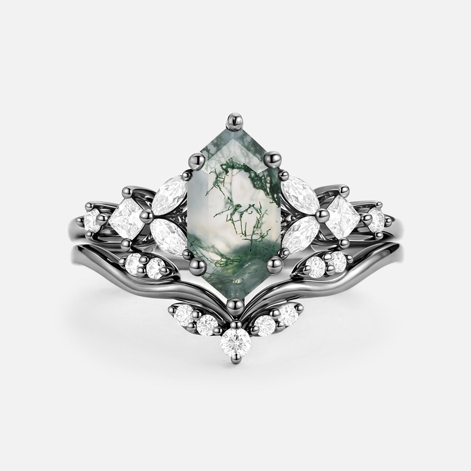 Long Hexagon Moss Agate Engagement Ring Set 2pcs - Vexa
