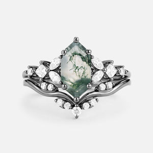 Long Hexagon Moss Agate Engagement Ring Set 2pcs - Vexa