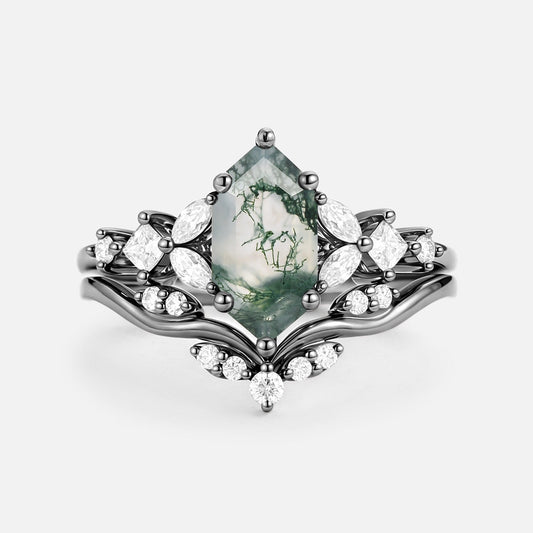 Vexa Long Hexagon Moss Agate Engagement Ring Set 2pcs