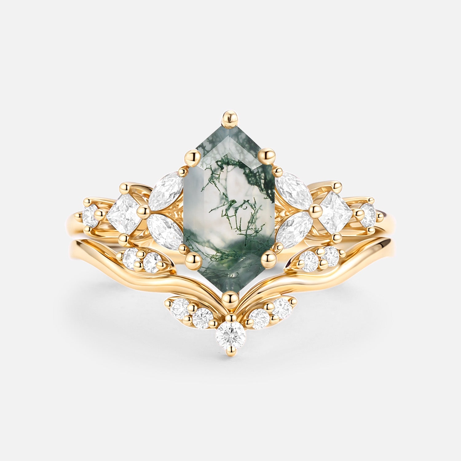 Long Hexagon Moss Agate Engagement Ring Set 2pcs - Vexa