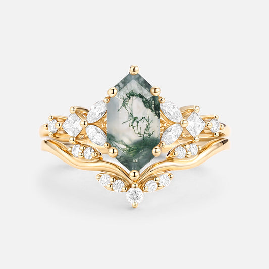 Long Hexagon Moss Agate Engagement Ring Set 2pcs - Vexa