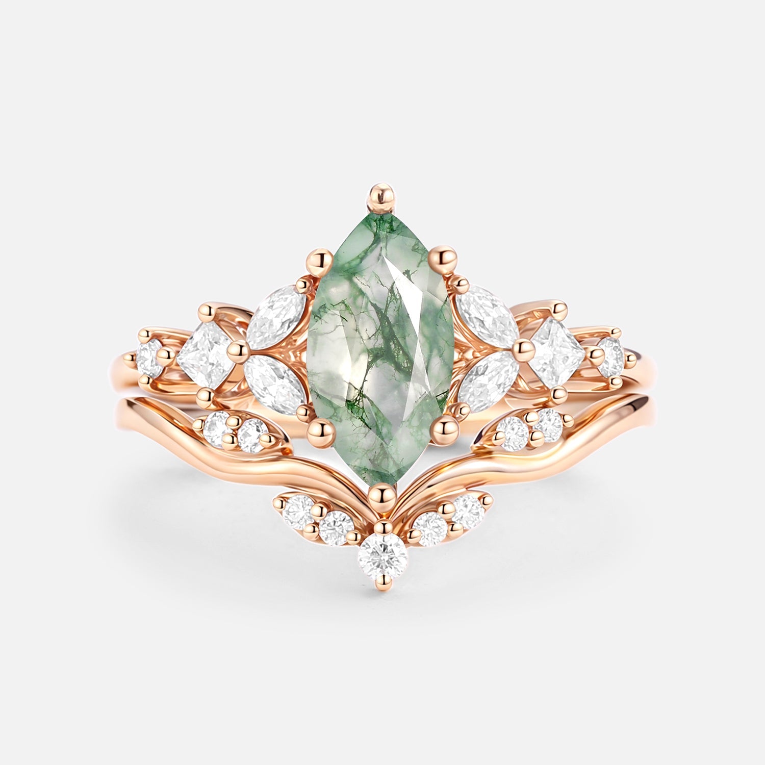 Nature Inspired Marquise Cut Moss Agate Leafy Engagement Ring Sets 2pcs