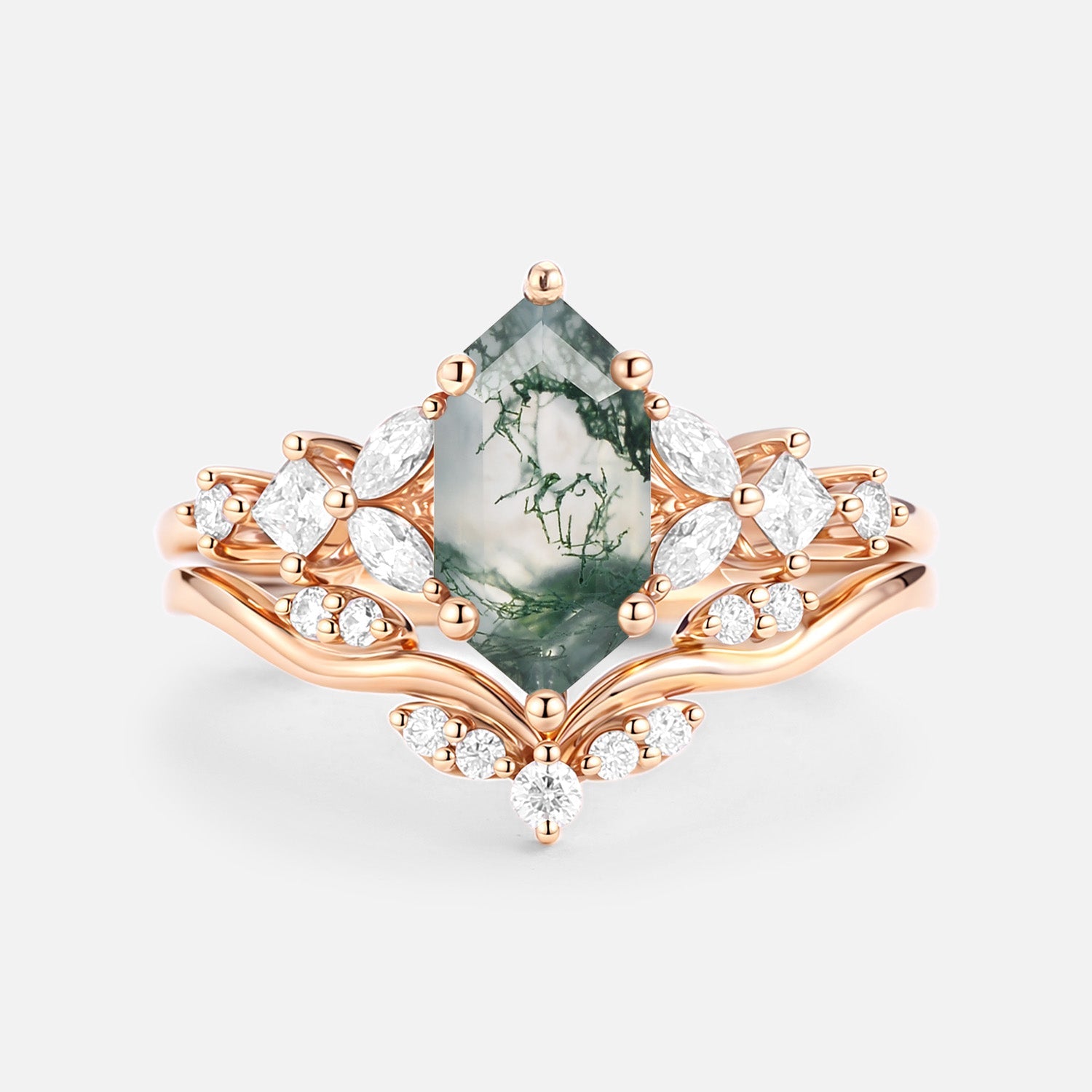 Long Hexagon Moss Agate Engagement Ring Set 2pcs - Vexa