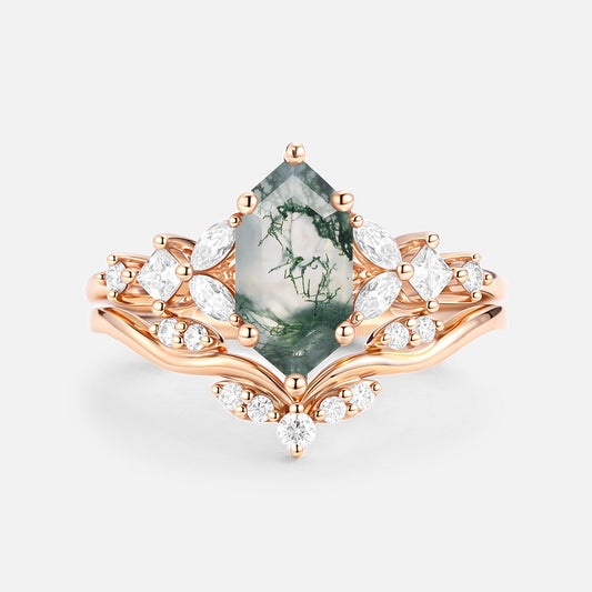 Long Hexagon Moss Agate Engagement Ring Set 2pcs - Vexa