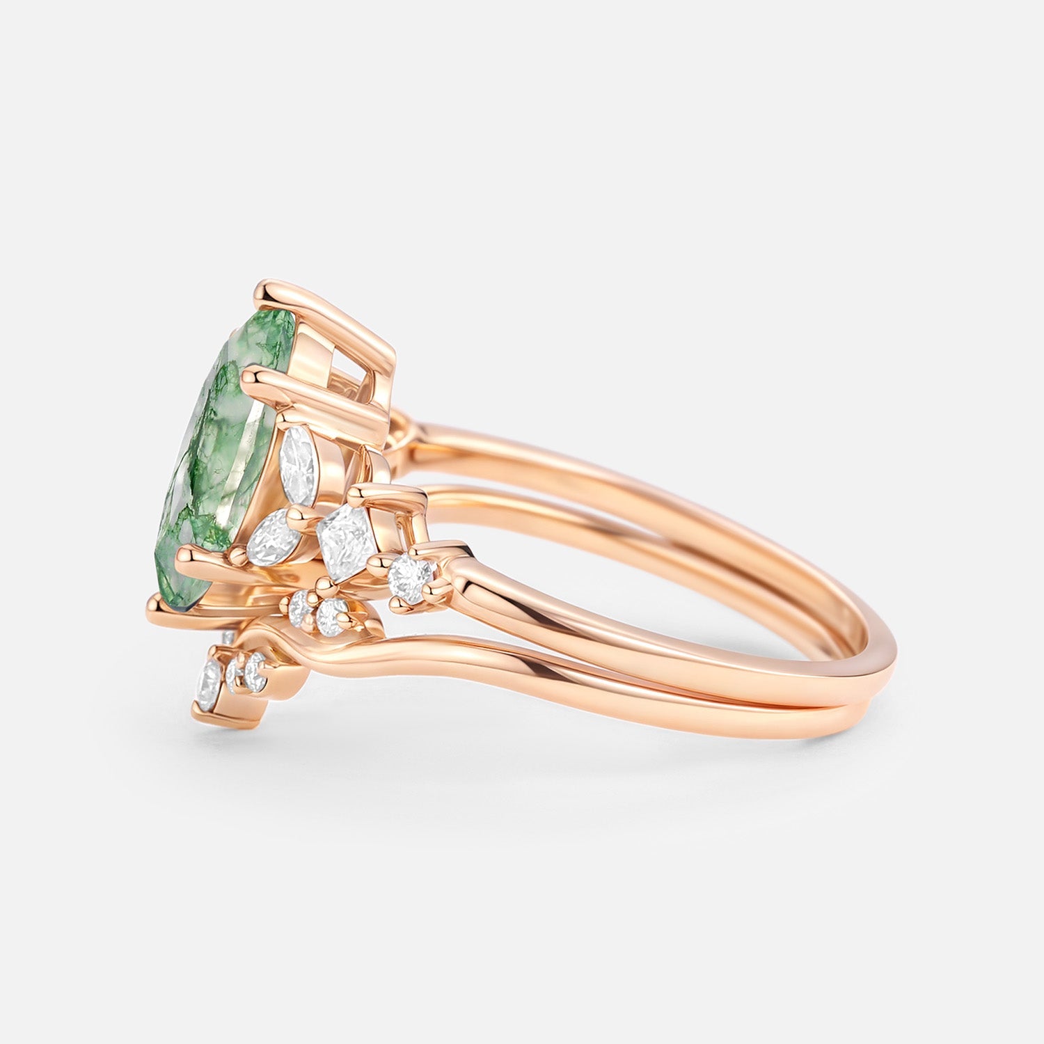 Nature Inspired Marquise Cut Moss Agate Leafy Engagement Ring Sets 2pcs