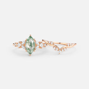 Nature Inspired Marquise Cut Moss Agate Leafy Engagement Ring Sets 2pcs