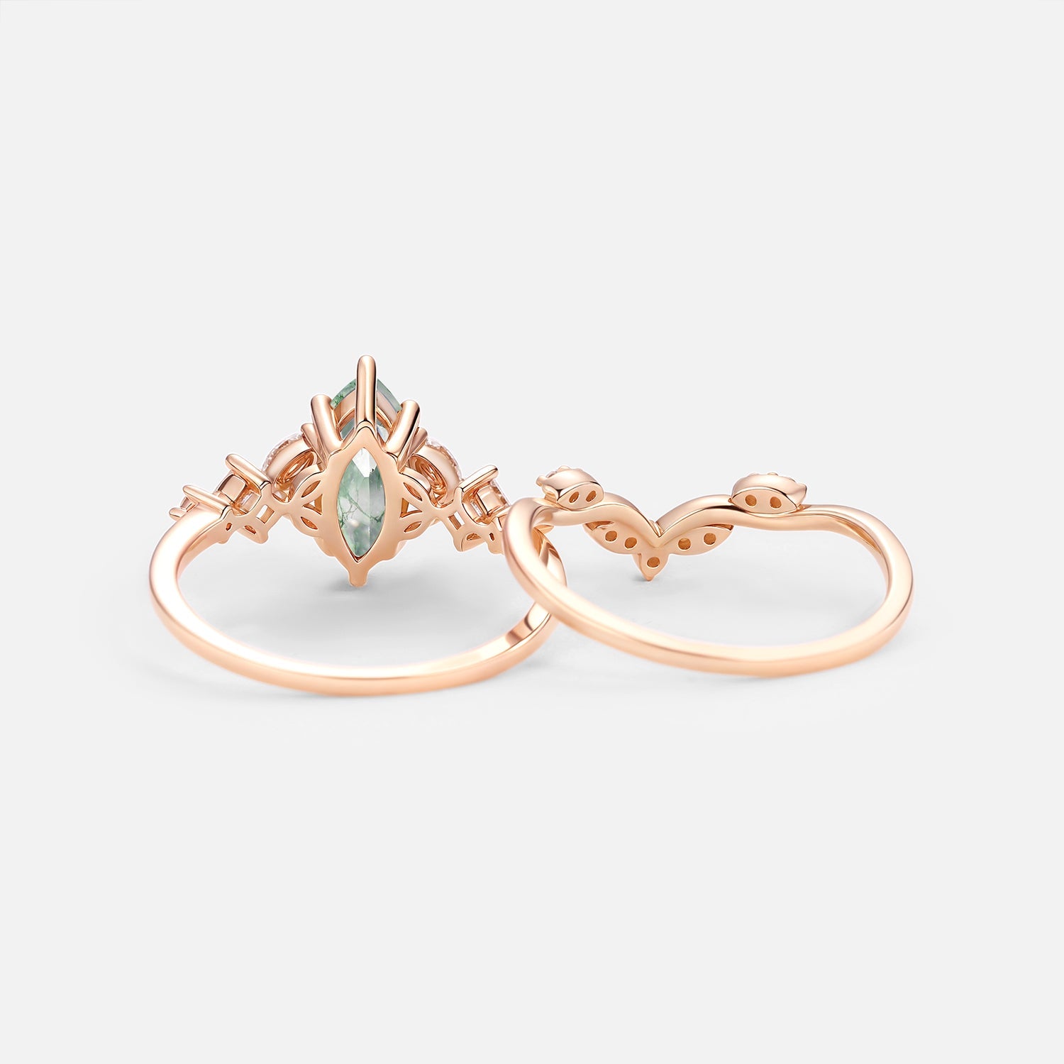 Nature Inspired Marquise Cut Moss Agate Leafy Engagement Ring Sets 2pcs