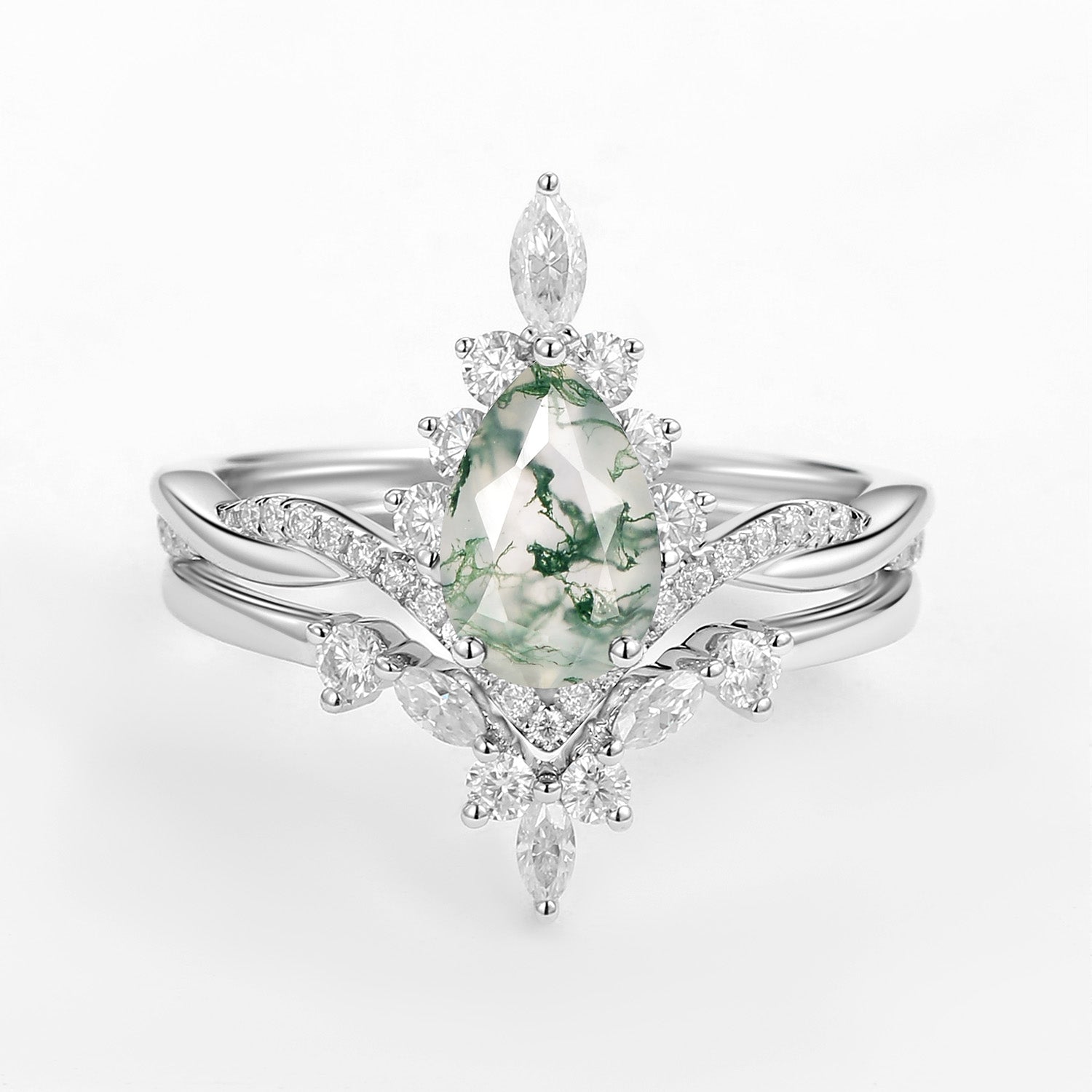 Unique Moss Agate Pear Shape Engagement Ring Sets 2pcs