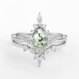 Unique Moss Agate Pear Shape Engagement Ring Sets 2pcs