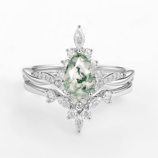 Unique Moss Agate Pear Shape Engagement Ring Sets 2pcs
