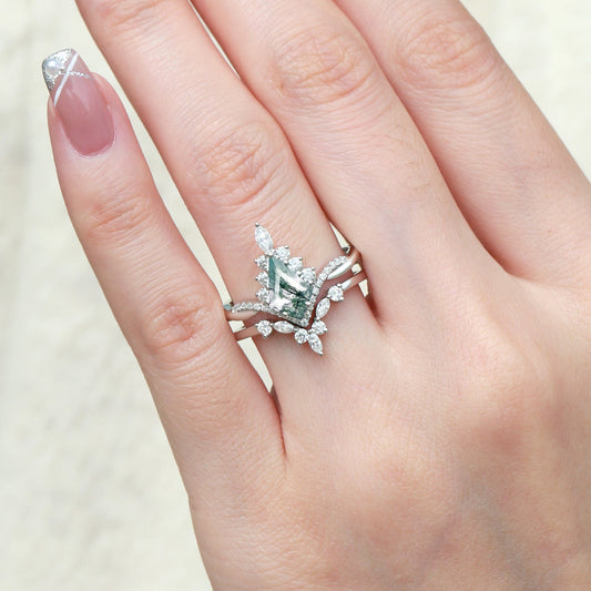 Unique Moss Agate Kite Shape Engagement Ring Sets 2pcs